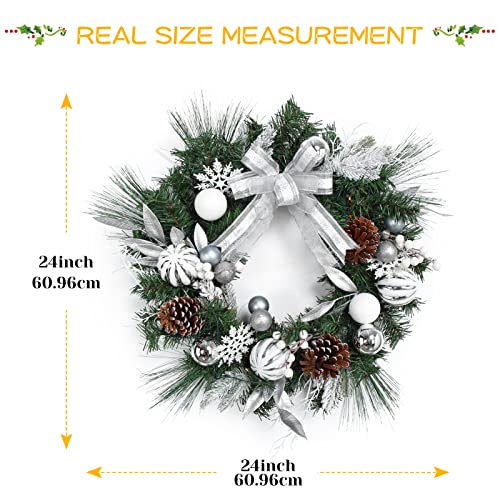 Laxmax 24" Christmas Wreath With Lights, Silver White Theme Christmas Wreaths For Front Door With Ribbon Bow Ball Ornaments Snowflakes Christmas Decoration For Wall Window Indoor Outdoor #TOP6