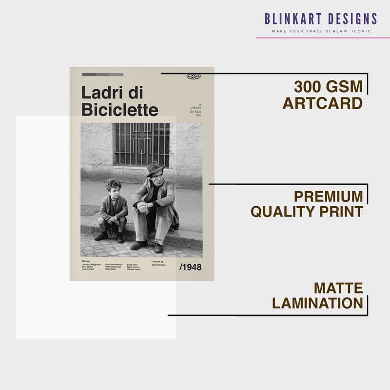 Image of BLINKART Ladri Di Biciclette Bicycle Movie Poster Frame 8x12 Inch | Premium 300 GSM Paper Wall Print | Mid Century Vintage Film Artwork for Home, Bedroom, Living Room, Office | Framed Photo Decor
