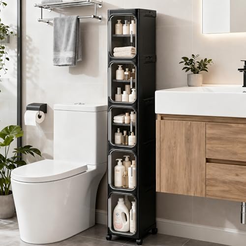 Image of 5-Tier Tall Narrow Slim Bathroom Storage Cabinet, Black | Tool Free Assembly, Adjustable shelves, Fits for Narrow Spaces, Lockable Wheels, Magnetic Clear Door
