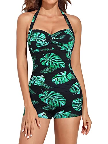 AmzBarley Womens Swimming Costumes 1-Piece Swimwear Tankini Bathing Suit Bikinis Halter Neck High Waist Tummy Control Ruched Boyleg Swimsuit Green XL