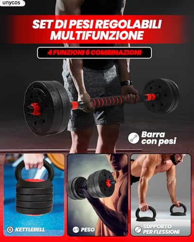 Unycos - Manubri Regolabili Con Dischi 40 Kg【E-Book Con 50 Esercizi】Coppia Di Pesi, Barra Di Collegamento Per Allenamento, Kettlebell E Supporto Per Flessioni, Palestra In Casa (Red Transformer) - 2