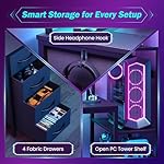 51 Inch Gaming Desk with LED Lights and Power Outlets, Computer Desk with Storage Shelves, Fabric Drawers, Monitor Stand & Side Hook, Reversible Gamer Table for Home Office, Carbon Fiber Black - Image 4