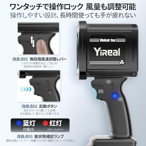 YIREAL 第3代目改良強化版 洗車 ブロワー 強力 ブロアー 充電式 エアーブロアー 【 航空級モーター・ 無段階変速・ 600g超強推力・80m/s 大風速 ・75db超低騒音 】LEDライト付き 3000mAhバッテリ一*2個 残量表示【 AI節電・ 風速ロック・風量調整可・ノズル付き・Type-C充電可】コードレス 小型 庭掃除/キーボード/網戸/除雪/着火 6枚目