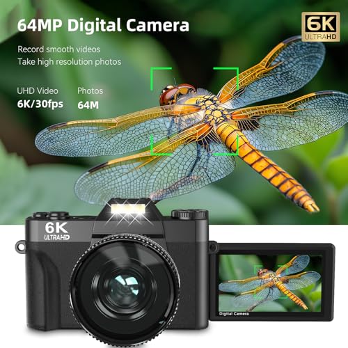 Image of VJIANGER 2025 Upgrade 6K Digital Camera for Photography 64MP Vlogging Camera for YouTube with WiFi, 180Flip Screen, 16X Digital Zoom, 52mm Lens, 32GB Micro SD Card, 2 Batteries(Black)