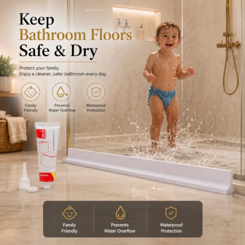 Image of Flexible Silicone Water Dam (2 Meters), Shower Threshold Water Blocker & Kitchen Sink Splash Guard, Self-Adhesive Bathroom Floor Seal (White, 3cm Height)