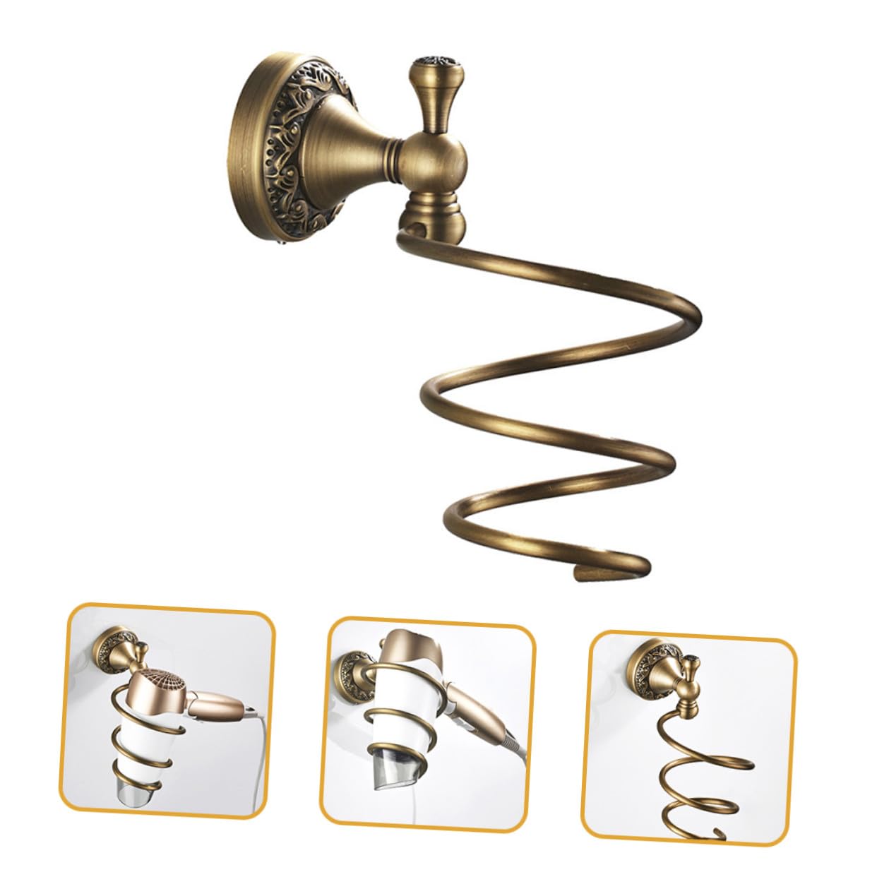 Soporte de Pared en Pelo para Dorado Espiral Secador | Organizador para Baño y Dormitorio, Cobre y Acero Inoxidable, Fácil Instalación