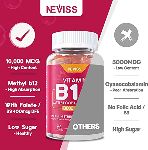 Vitamin B12 10000 Mcg (Methyl B12) Gummies With Vitamin D3, B9 Vitamin Folate, Vitamin C, For Energy Metabolism, Mood Boost, Nervous System Health, Strong Bones, Immune Support, Low Sugar, 120 Count #TOP6