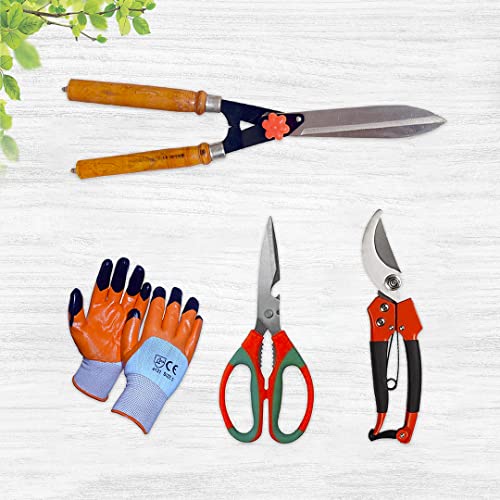 Image of Cinagro (Set of 3) Stainless Steel Gardening Tools, Pack of Hedge Shears with Wooden Handles, Pruning Shears and Gardening Scissors with Gloves, Sharp Blades for Easy Cutting (Multicolor)