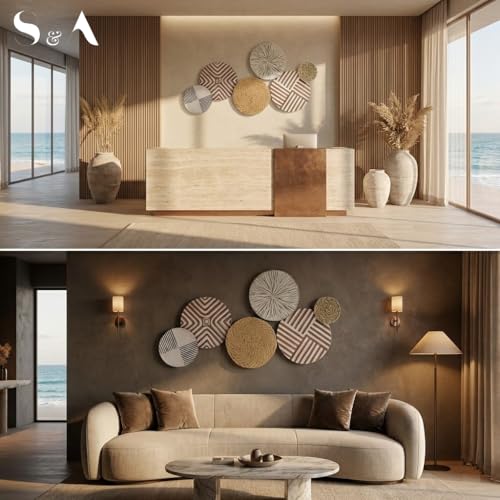 Image of S & A Modern Geometric Circles Metal Wall Art Decor - 66cm Decorative Wall Hanging with Radiating Metal & Textured Ceramic Finishes, Contemporary Artwork for Living Room, Bedroom & Office Decoration