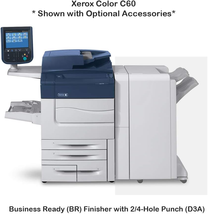 Xerox Color C60 printer shown with an optional Business Ready (BR) Finisher with 2/4-Hole Punch (D3A) attached to its right side.