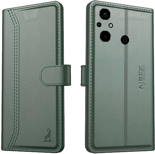 Image of AIBEX Redmi 12C / Poco C55 Flip Cover Leather Finish | Inside TPU with Card Pockets | Wallet Stand | Complete Protection Flip Case Green