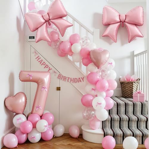 Image of 7th Birthday Decorations for Girl,Pink 7 Balloons for Party Decorations | 7 Year Old Birthday Decoration,Anniversary Party Decor,Pink White Balloons,Bow Print Balloons,Heart Balloons