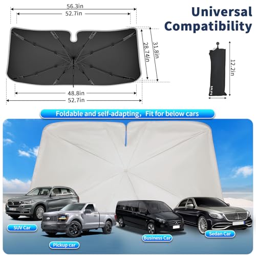 Upgraded TZQZYL Car Windshield Sun Shade,Foldable Front Window Sunshade for Medium Sedans/SUVs - Universal 57"x32", Nano-Ice-Crystal Coating Sun Shade for Car Windshield,Block UV Rays — view 2