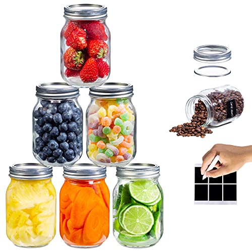 EAXCK 16 oz Mason Jars, 6-Piece Wide Mouth Mason Jars with Detachable Lid,16 oz Cheese Jar, Ideal for Food Storage, Canning, Coffee Beans, Fruit & Vegetable Slices, with 6 Labels and A Pen