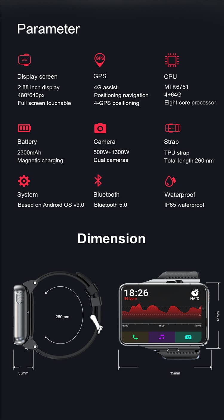 Inteligentny zegarek 4G/WIFI dla mężczyzn i kobiet, ekran dotykowy HD 2,8 cala, bardzo duży inteligentny zegarek, bateria 2300 mAh, połączenia z kamerą aplikacje GPS TV