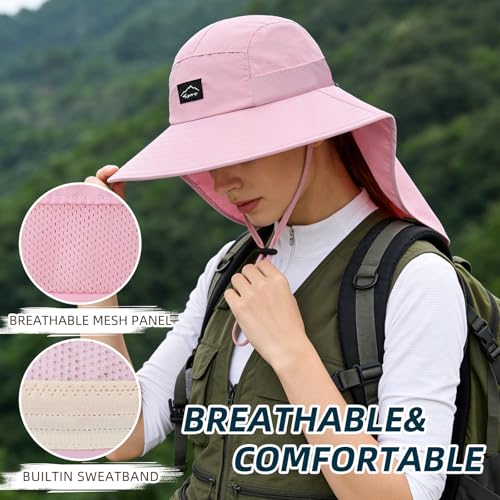 Image of Rosoz Outdoor Sun Hat for Men Women, UPF50+ Protection Safari Cap Wide Brim Mesh Fishing Hat with Neck Flap Beach Garden