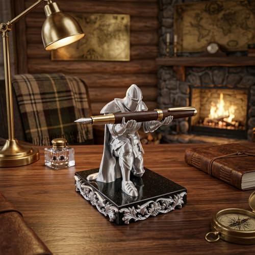 Image of Pen Holder Sculpture Eco PLA Water Resistant Scratch Resistant Desk Organizer 5x4x3 Inches Satin Silk Metallic Finish Armour Decorative Tool Stand (Satin Silver - Pitch Black Marble)