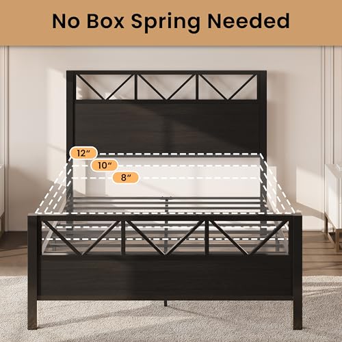 Image of LIKIMIO Queen Bed Frame, Tall Industrial Headboard 51.2 inch, Platform Bed Frame with Strong Metal Support, Solid and Stable, Noise Free, No Box Spring Needed, Easy Assembly, Black