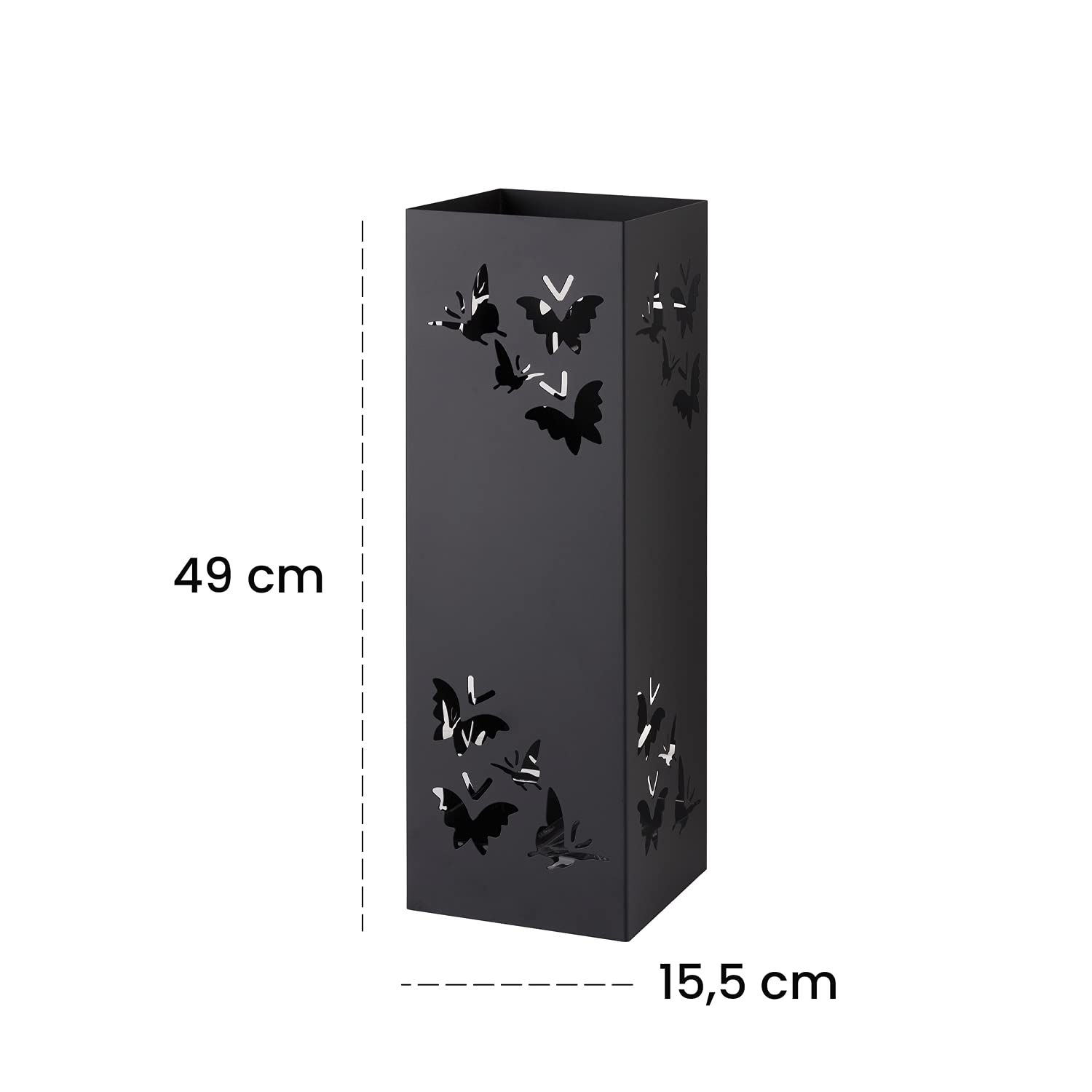 Baroni Home Paragüero Cuadrado de Metal con Incrustación Rectangular de Mariposas, Paragüeros con Gancho y Bandeja Recogegotas Extraíble, 15,5x15,5x49 cm, Negro