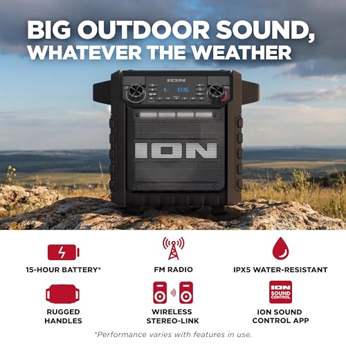 Image of ION Tailgater Classic Outdoor Portable Bluetooth Speaker with Rechargeable Battery, FM Radio, USB Port, IPX5 Water-Resistant, 6.5 inch Woofer, App, Black