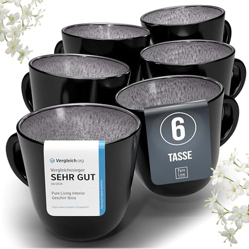 Steingut Kaffeetassen 6 Personen Ibiza TESTSIEGER, Traumhaftes Mediterranes Steingut Tassen Set, Stylisches Tee- und Kaffeebecher Set, Pure Living in Grau