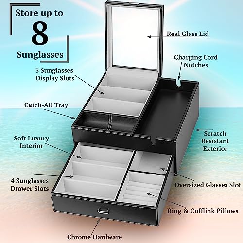 Image of HOUNDSBAY Lookout Sunglasses and Eyeglasses Organizer Storage Display Case Dresser Valet Box Charging Station (Black /Ivory)
