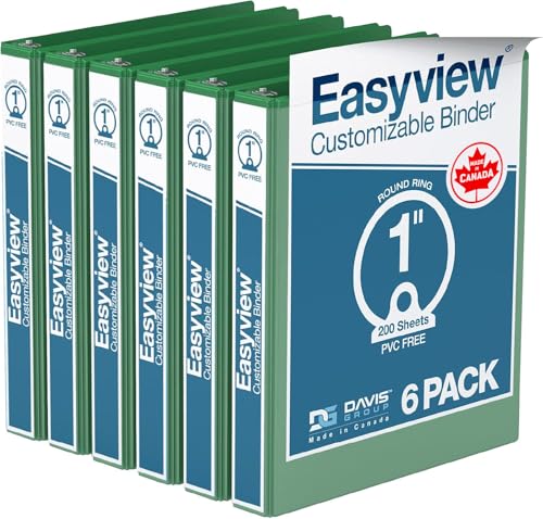 Image of Easyview 3-Ring Binder, Clear-View Cover, 1 inch Round Rings, Green, 6 Pack
