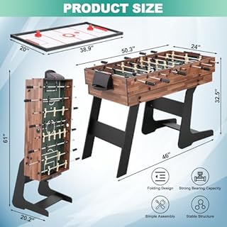 RAYKEEP Foldable Multi Game Table, 4-in-1 Combo Game Table Set with Ping Pong, Hockey, Pool Billiards and Foosball for Adults, Home, Game Room, Friends & Family（Dark Wood Grain）