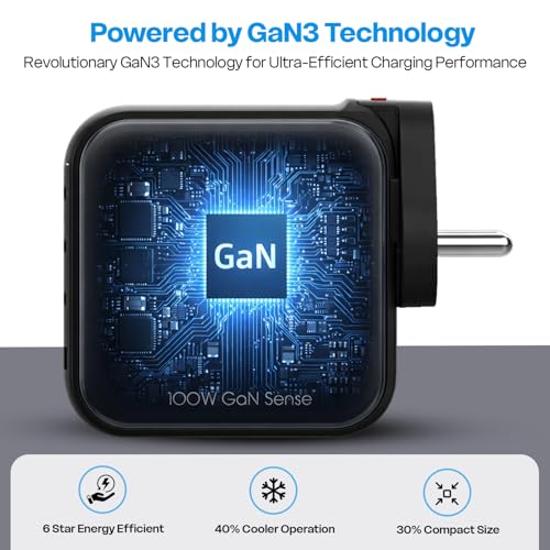 Image of MOZEN by Amkette GaN3 100W PD 3.1 GaN Charger & Cable, 4 Ports- 3 Type C & 1 USB A, Laptop Charger Type C: MacBook, Dell, HP, ASUS & Smartphone, Detachable Travel Plug, Power Split & Multilayer Safety