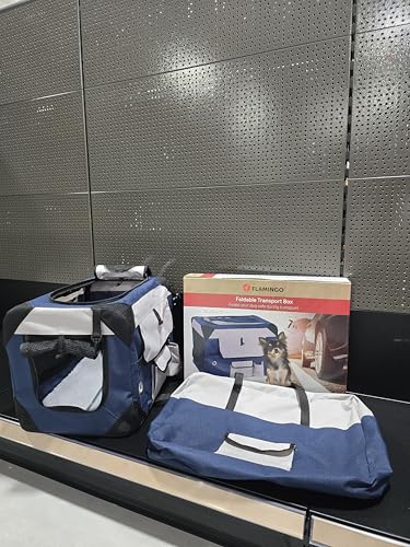 Flamingo Transportkäfig Geronimo blau 35x49,5x35cm - Verstärkter und Faltbarer Rahmen - Herausnehmbarer Boden - Aufrollbare Vorhänge, 3 Staufächer und mit Möglichkeit für eine Trinkflasche