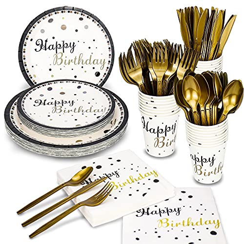 175 Pieces Disposable Party Dinnerware Set &Disposable Birthday Party Dinnerware -Paper Plates Napkins Cups, Gold Plastic Forks Knives Spoons (25 Guests,175Pieces)