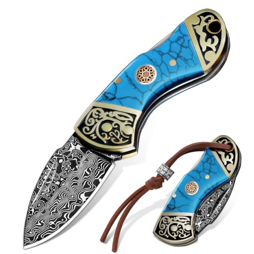 DRGSKL Damascus Pocket Knife for Gifting - Small EDC Knife for Dad – Great Gift Idea - Collectible Vintage Folding Knives for Cutting, Peeling, and Box/Envelope Opening - Gift for Men and Women（Blue）