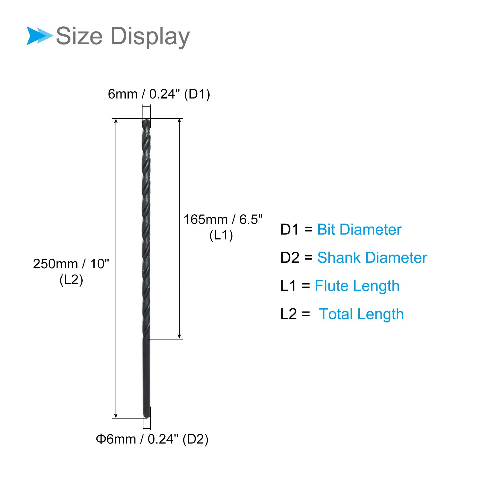 CoCud High Speed Steel Twist Drill Bits, 6mm Diameter 250mm Length, Straight Twist Jobber Drill Bit Black - Image 2