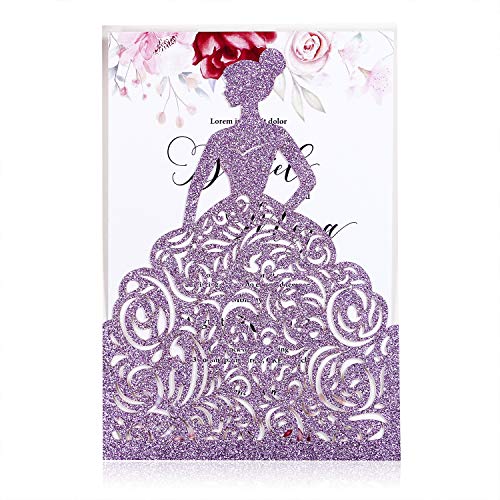 FEIYI 25PCS Laser Cut Wedding Invitations Cards for Birthday Sweet 15 Quinceañera Party