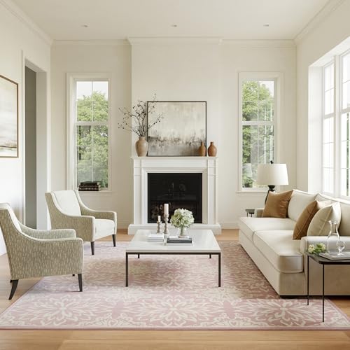 Image of Nourison Jubilant Floral Ivory/Pink 6' x 9' Area-Rug, Easy-Cleaning, Non Shedding, Bed Room, Living Room, Dining Room, Kitchen (6x9)