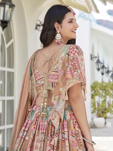 Image of Women's Digital Print With Zari Dori Embroidery Work Chinnon Silk Lehenga Choli With Dupatta (Women-Lehenga-Choli-New; Free size)