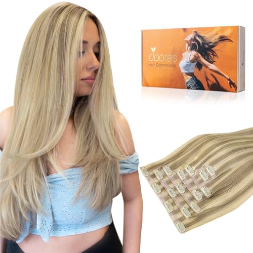 Image of DOORES Hair Extensions Seamless Clip in Real Human Hair, Light Blonde Highlighted Golden Blonde 24 Inch 120g 7pcs, Human Hair Extensions Skin Weft Remy Straight Hair Invisi Edge Hair Extensions