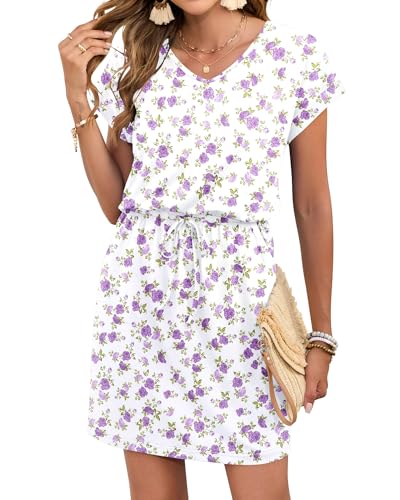 Image of AUSELILY Womens Summer Mini Dress, Short Sleeve V Neck Drawstring Casual | Soft smooth drape with an adjustable drawstring waist for beach, casual outings and daily wear