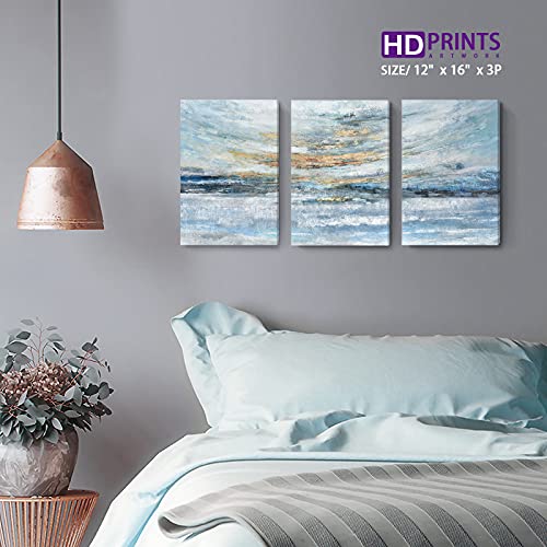 Abstract Canvas Wall Art For Bedroom 3 Piece Ocean Painting Coastal Theme Artwork Blue And Gold Sunset & Sunrise On The Beach Seascape Picture For Bathroom Living Room Light 12X16Inchx3 Panel #TOP2