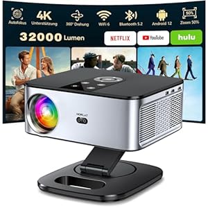 Beamer【Auto Fokus/Trapezkorrektur & 1200 ANSI】 HORLAT Beamer 4K Heimkino, Full HD 1080P WiFi 6 Bluetooth Projektor, 50% Zoom, Projektor Mit 360° Drehbarem Ständer für TV Stick/Smartphone