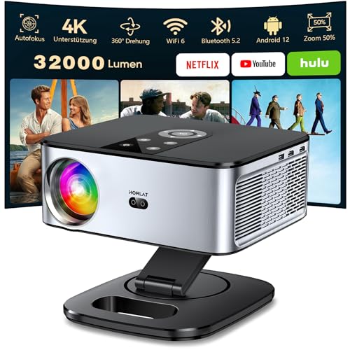 Beamer【1200 ANSI & Auto Fokus/Trapezkorrektur】 HORLAT Beamer 4K Heimkino, Full HD 1080P WiFi 6...