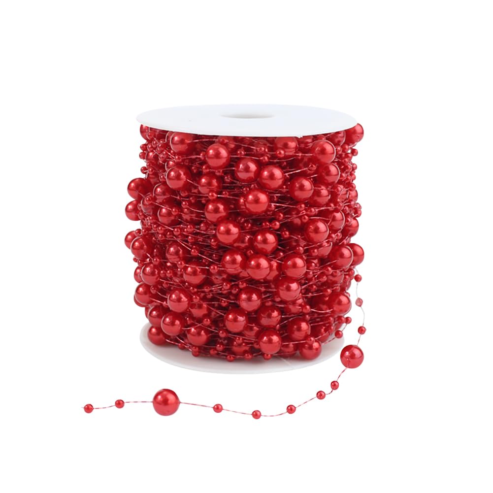 Hugede Red 30M Christmas Pearl Beads Garland - Faux Pearl Strands Artificial Bead Chains For Xmas Tree Decorations