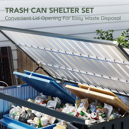 Image of 6x3 FT Outdoor Garbage Can Storage Shed with Lift-Up Lid & Double Doors, Metal Trash Can Enclosure with Sloped Roof, Gas Strut & Lockable Door, Weatherproof Trash Bin Shelter for Patio Backyard