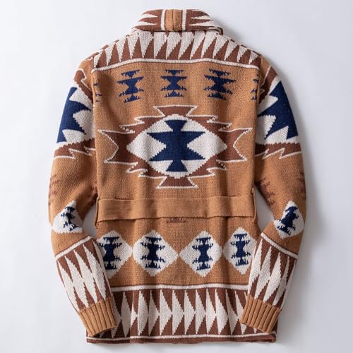 Men's Jacquard Sweater Cardigans Lapel Button Down Knitted Sweater Western Ethnic Sweater with Belt3
