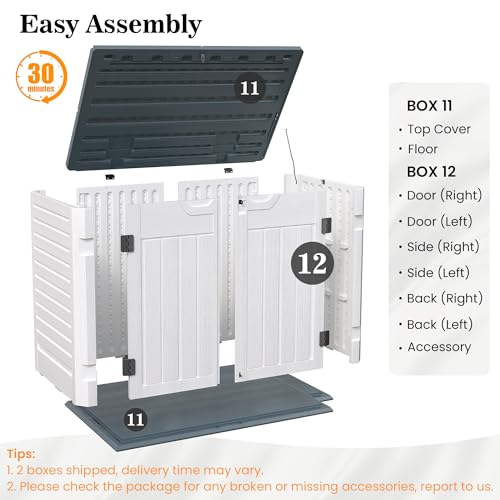 Image of UDPATIO 35 Cu.Ft Horizontal Outdoor Storage Shed, Resin Outdoor Cabinet Waterproof & Lockable for Generator, Garbage Can Garden Tools, White, White & Grey Trim