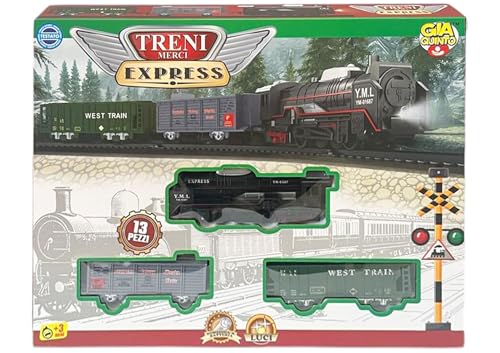 Treni Merci Express Set Trenino Giocattolo con Luci e Suoni, 13 Pezzi con Binari 67,5 cm, Locomotiva a Batteria West Train