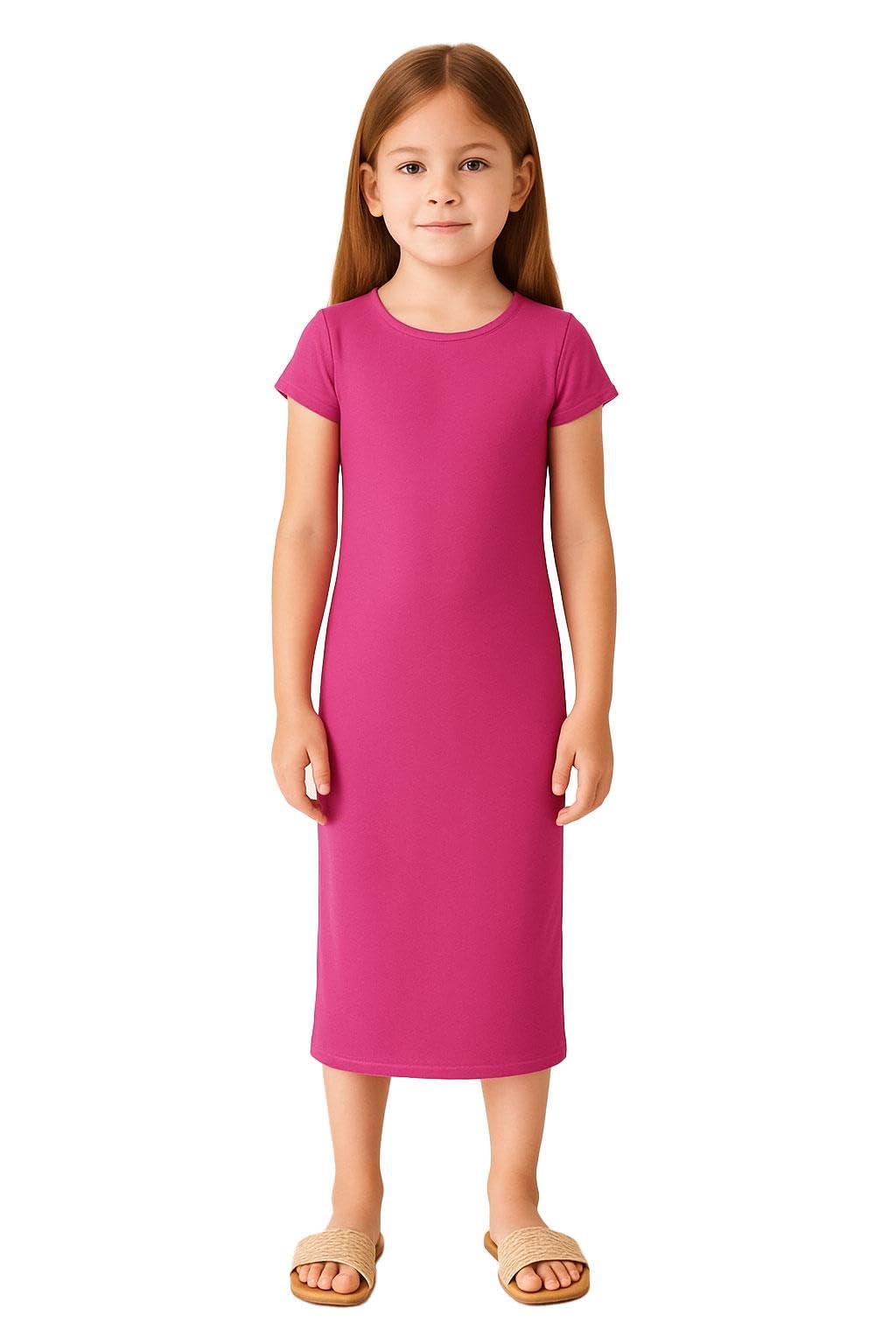 A2Z 4 Kids Bodycon Midi Dress Short Sleeve Long Length Plain Dresses - New Midi Dress Cerise 13