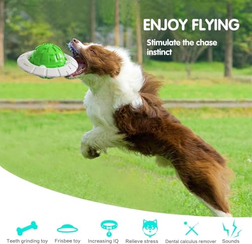Image of DISSKNIC KIMEE Dog Ball for Aggressive Chewers, Natural Rubber Squeaky Chew Toy, Durable Interactive Fetch Ball, Puppy Teething & Dental Toy, Flying Disc UFO Dog Toy (Green, 1 Pack)