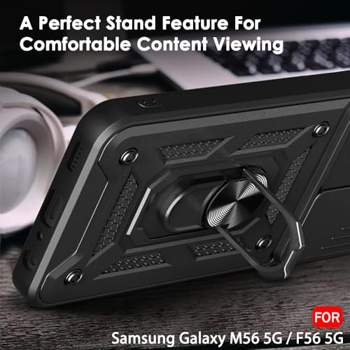 Image of TheGiftKart Tough Armor Bumper Back Cover Case for Samsung Galaxy M56 5G / F56 5G | Kickstand & Ring Holder | 360 Degree Protection Cover for Samsung M56 / F56 (PC & TPU, Sliding Camera Cover, Black)
