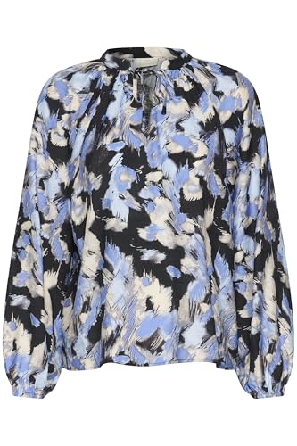 KAFFE Maglietta da Donna con Maniche Lunghe e Maniche Lunghe, Nero/Blu Graphic Strokes, 44